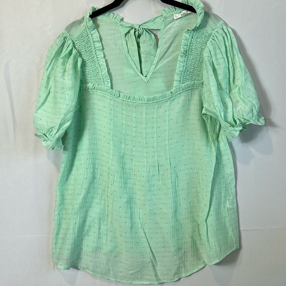 Anthropologie MINE Green Top Size Large Tie Back Brown Raised Dots New - Picture 2 of 8